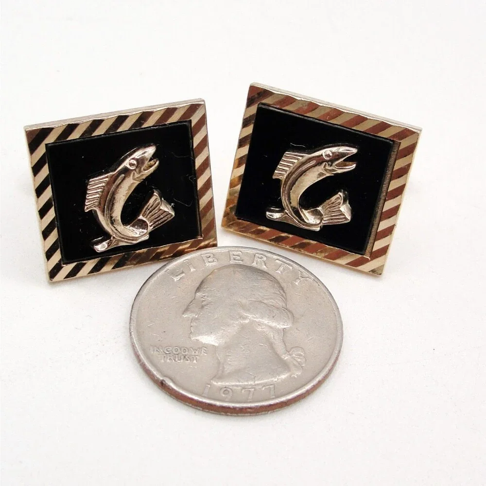 Vintage Swank Trout Bass Fish Cufflinks Gold Tone Black Signed Men Fishing Retro
